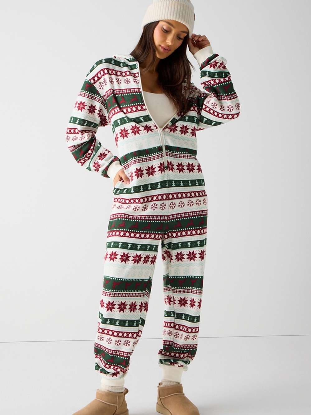 Fabletics Cozy Fleece Hooded Faire Isle Red Green Onesie Size Small